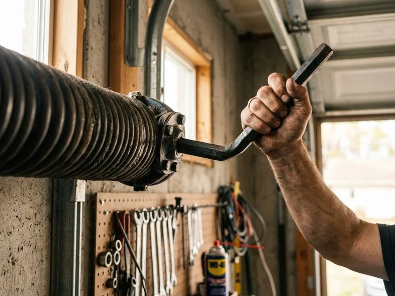 Garage door spring being installed by professional technician