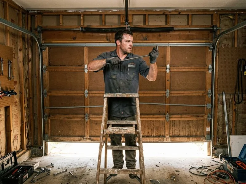 Technician working on a garage door spring