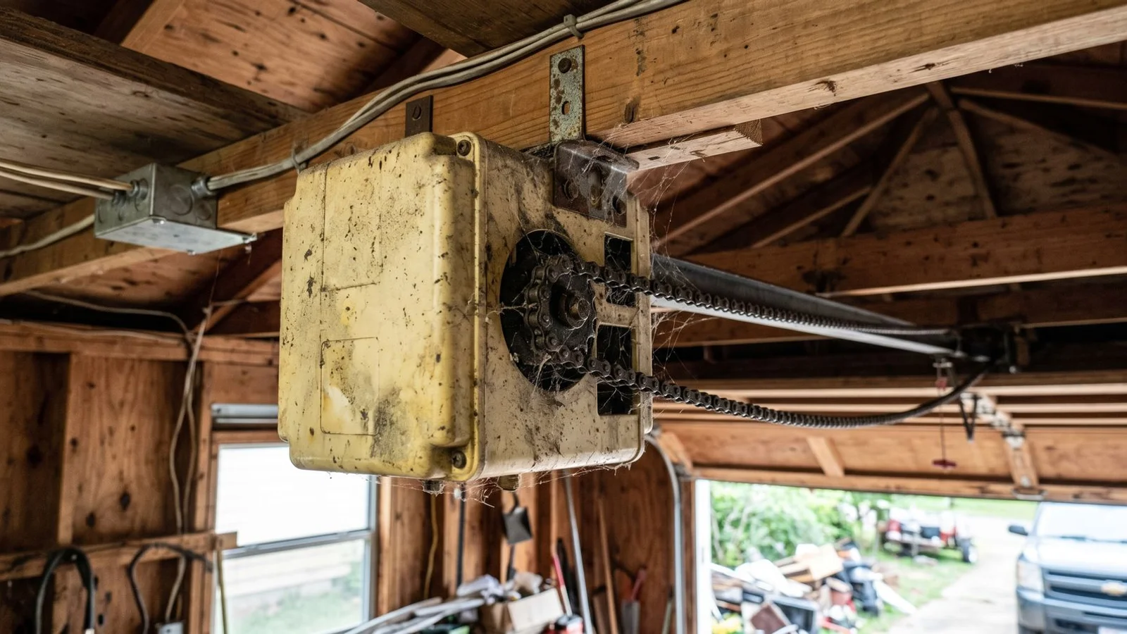 Aged 15-year-old garage door opener showing age