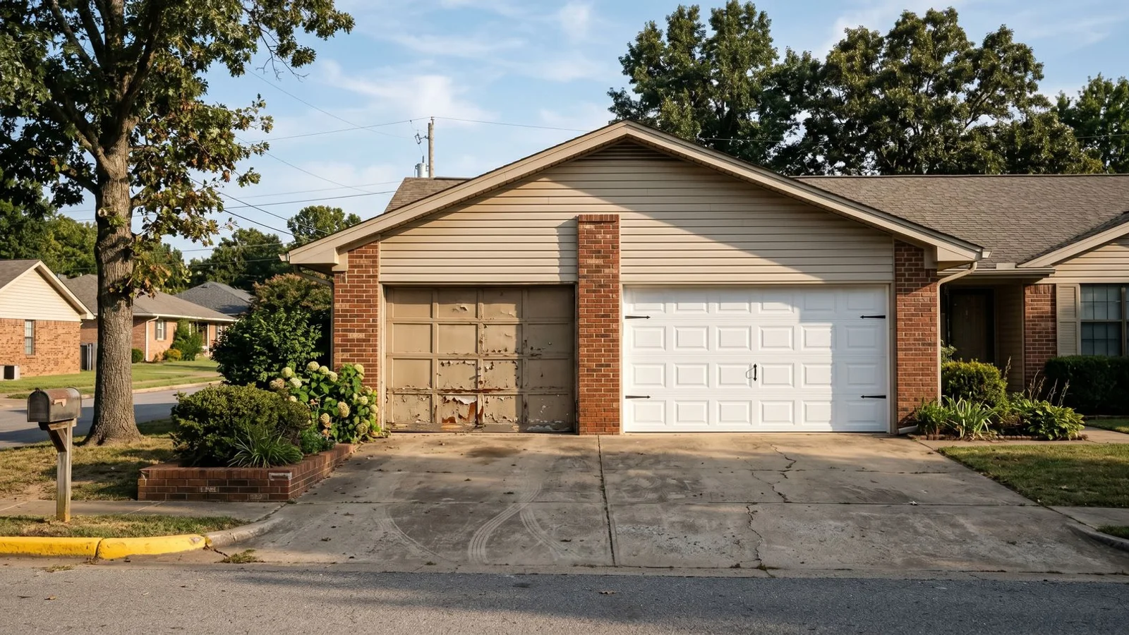 Aged garage door next to new replacement door