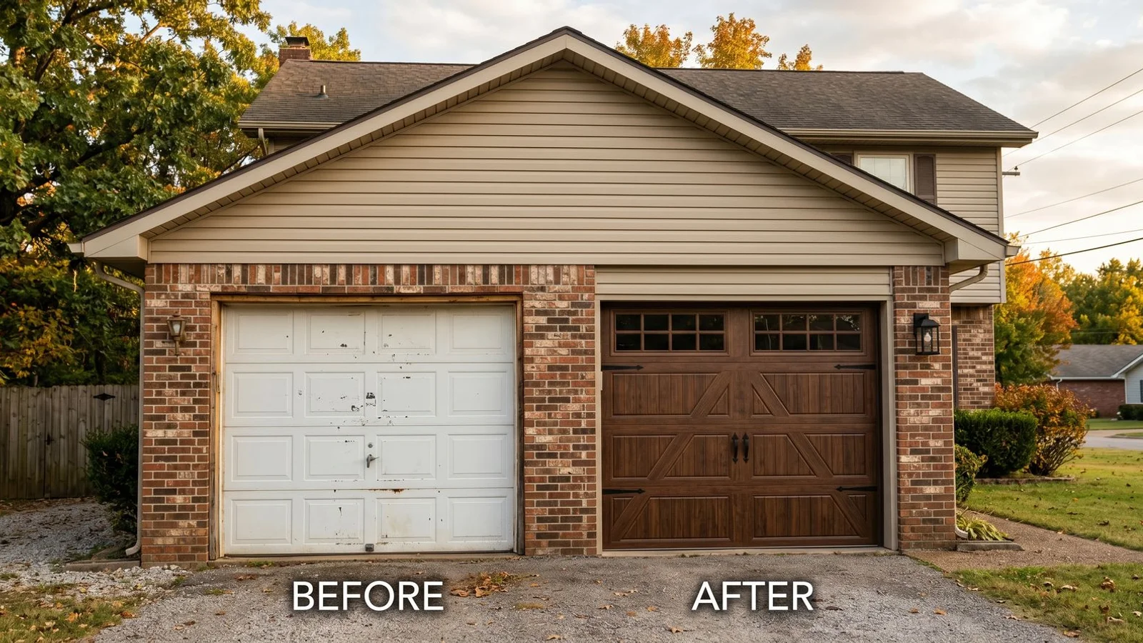 Before/after comparison of garage door upgrade on NWA home