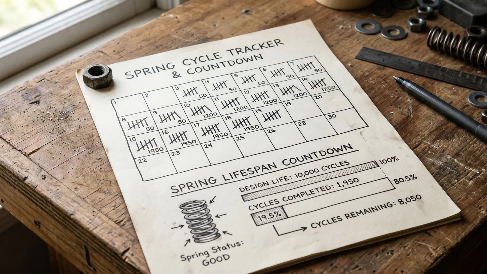Spring lifespan visualization with calendar and cycle counter