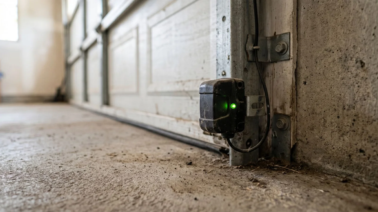Garage door safety sensor with green LED illuminated