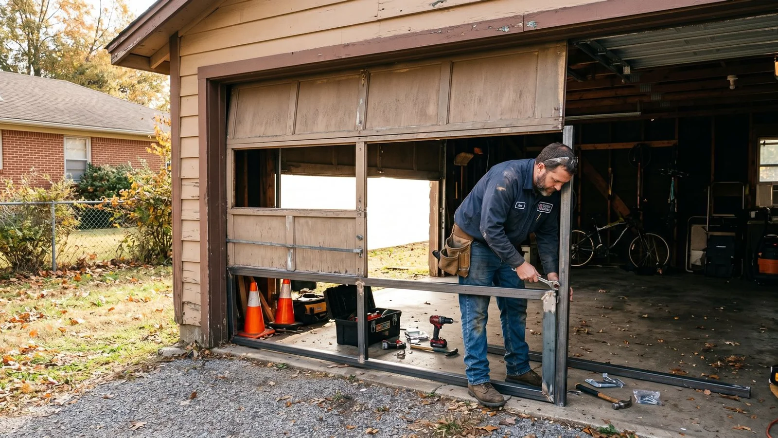 Single panel replacement in progress with rest of door intact