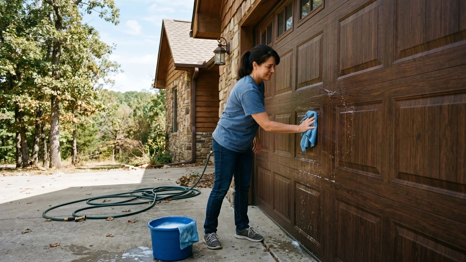 Homeowner cleaning composite garage door