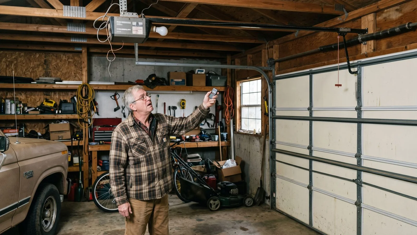Homeowner troubleshooting garage door opener with remote