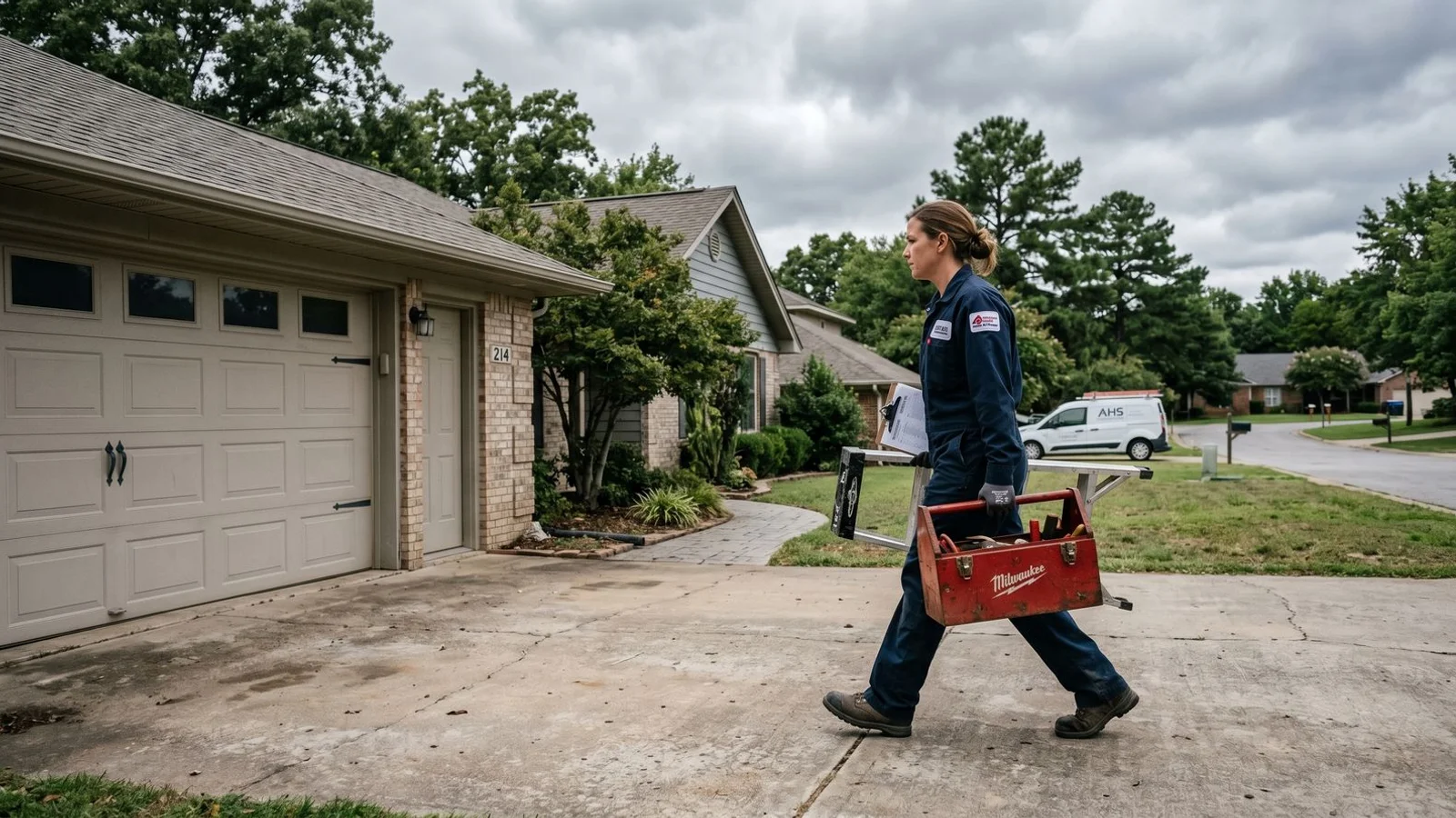 Maintenance technician approaching residential garage door