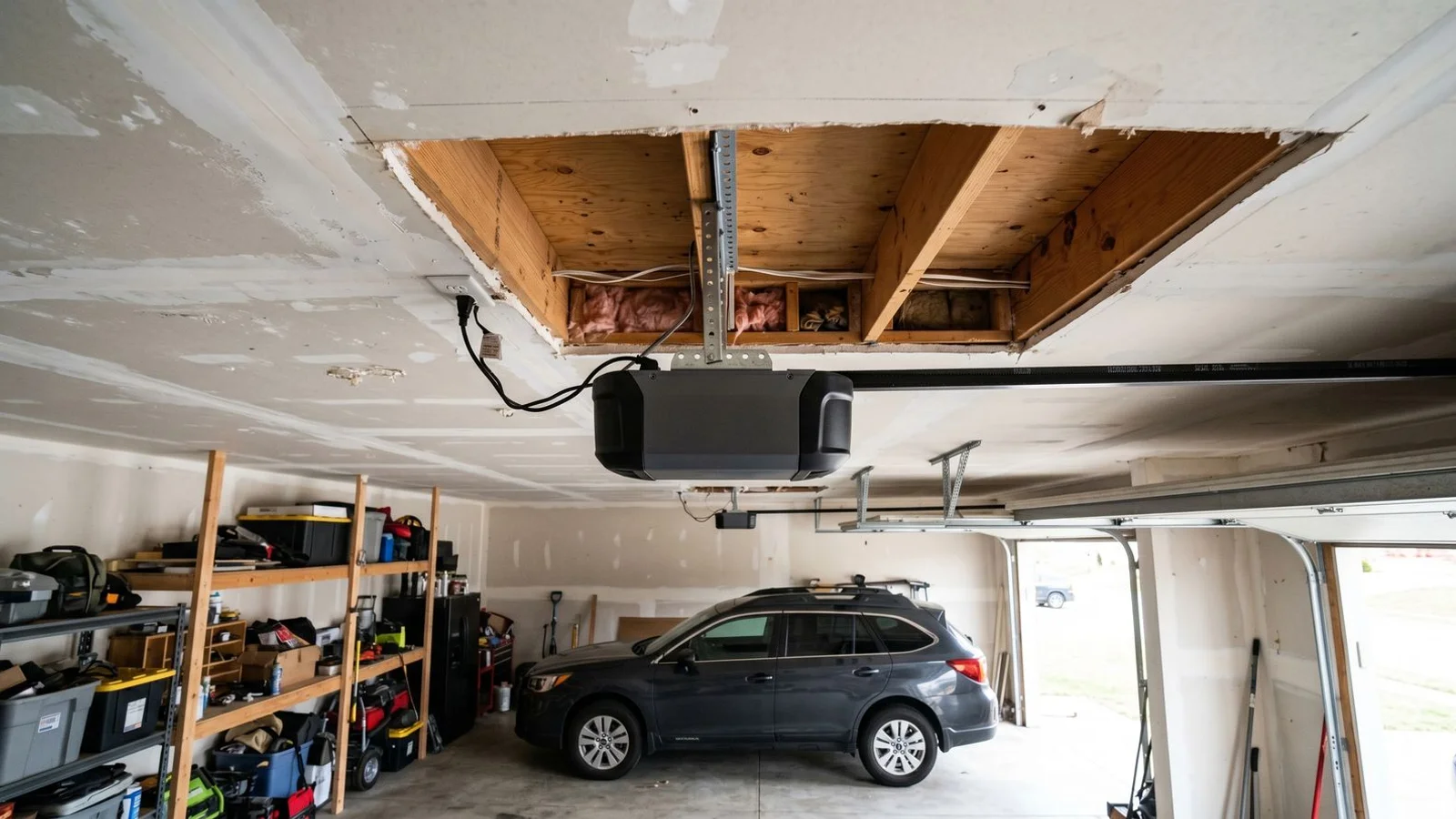 Modern belt-drive opener in attached garage with bedroom above