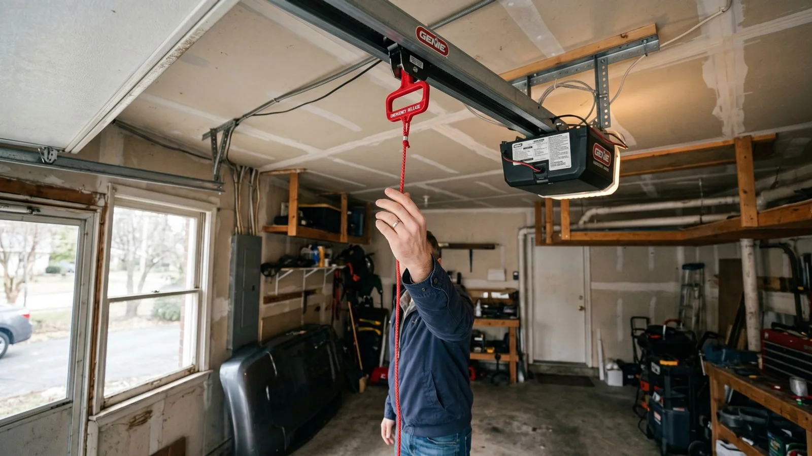 Person reaching for red emergency release cord