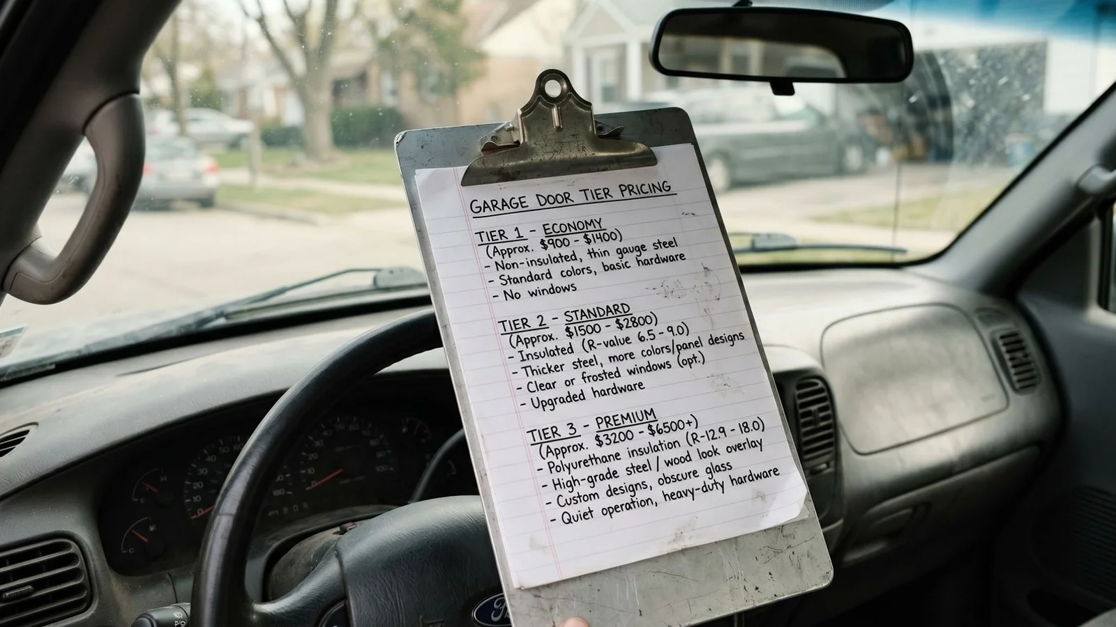 Garage door installation pricing tiers infographic