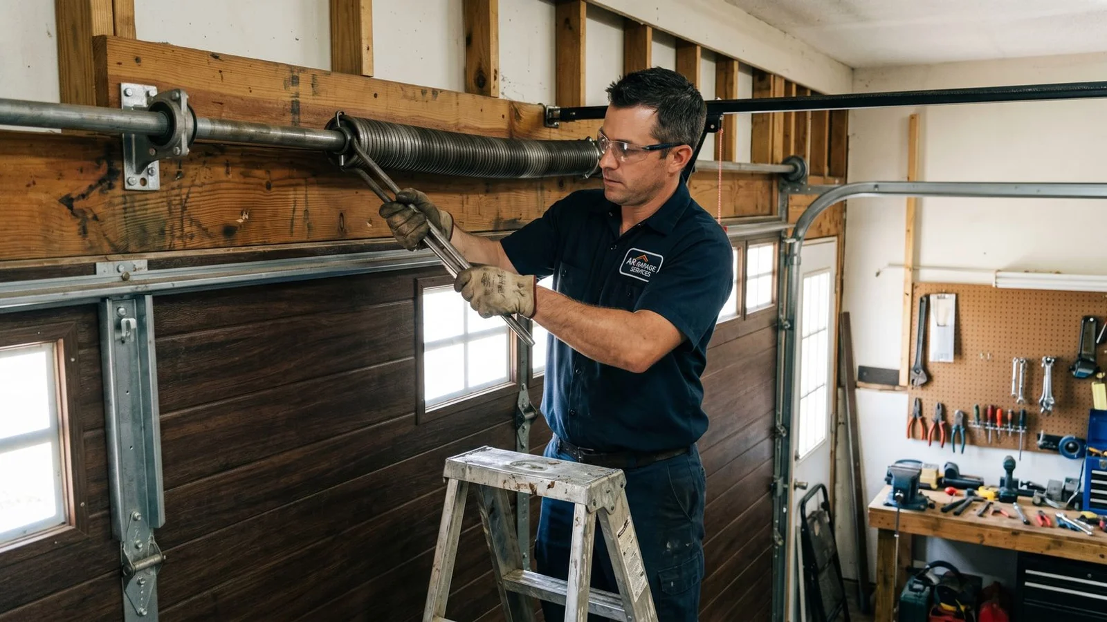 Professional technician using winding bars on torsion spring