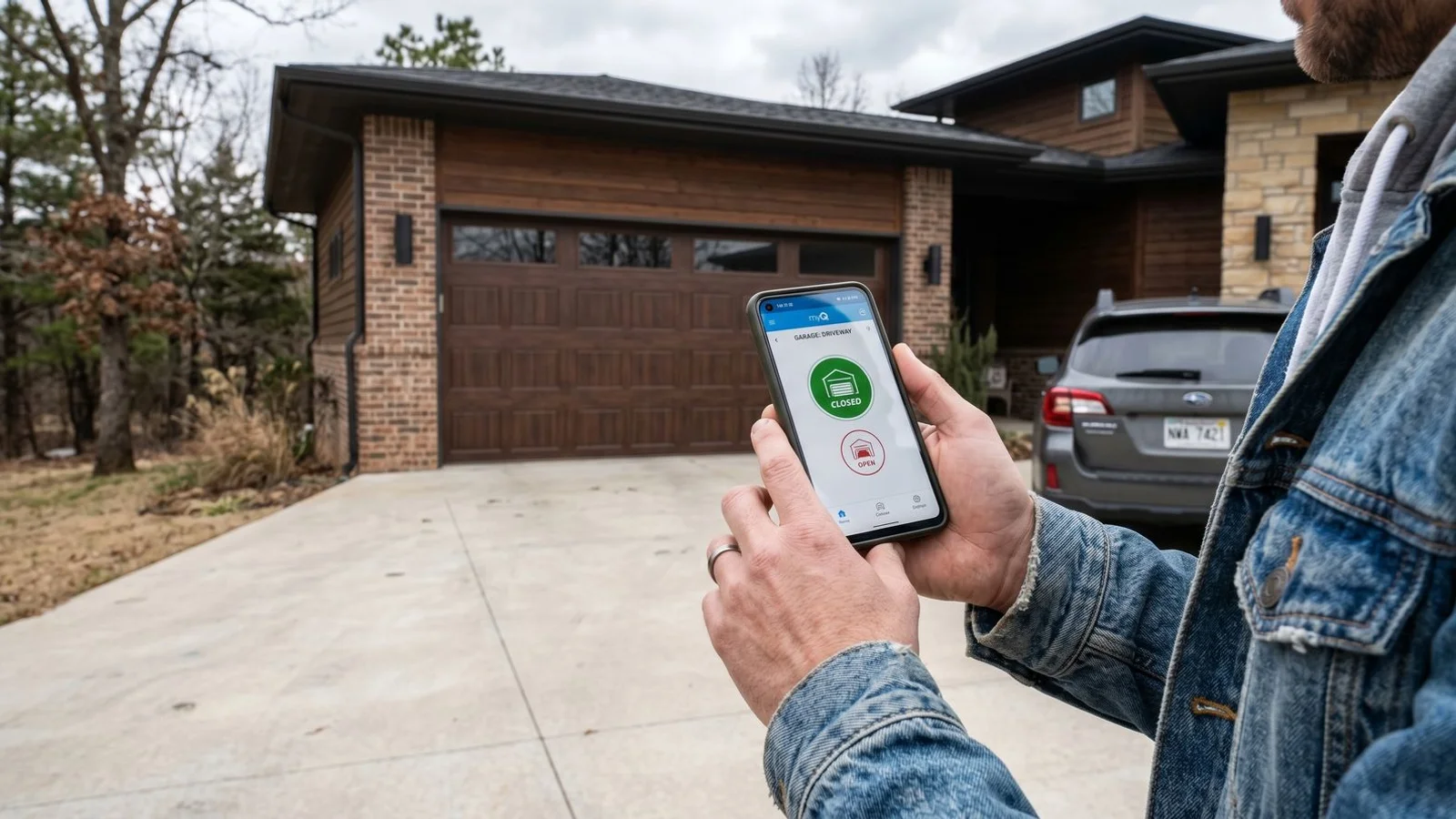 Smartphone displaying garage door open/closed status in MyQ app