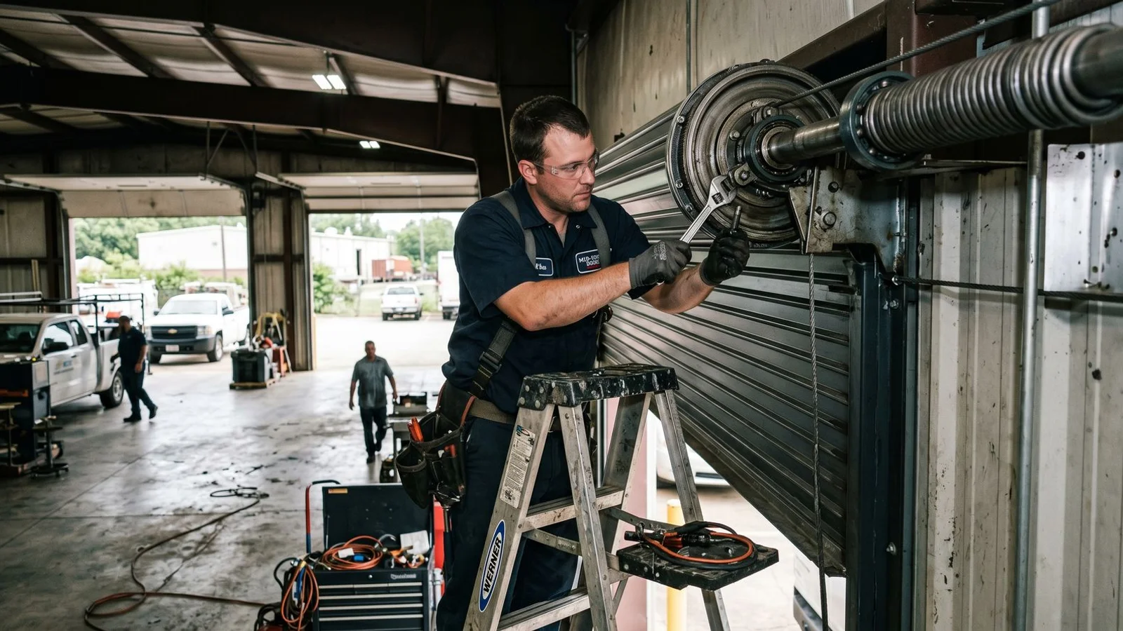 Technician inspecting commercial roller door drum