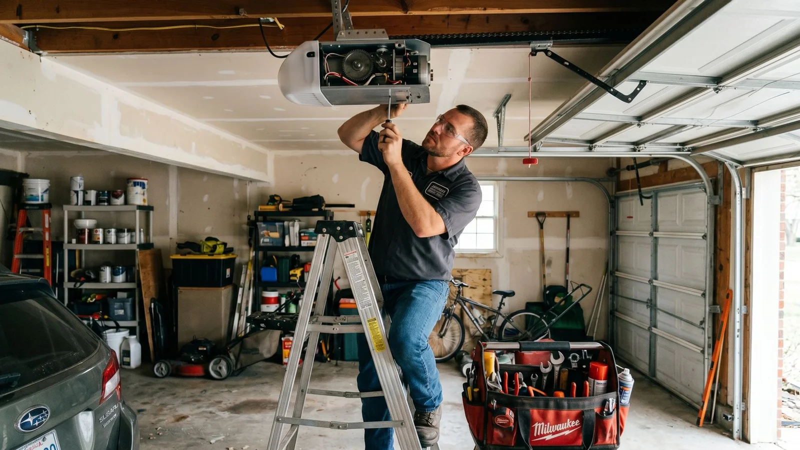 Technician repairing a mounted garage door opener