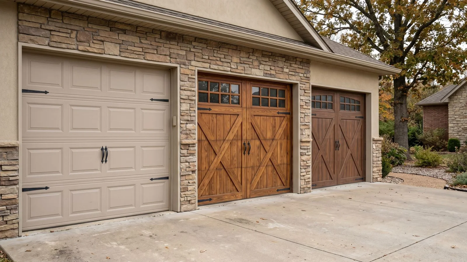 Steel, real wood, and composite garage doors side by side